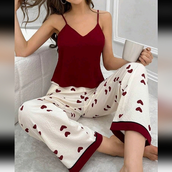 Other - Color Block Heart Print V-Neck Cami & Pants Pajama Set wine red M